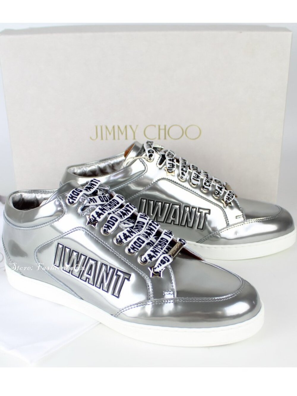 New JIMMY CHOO Miami Logo Metallic Leather Sneakers, Silver, EU 39